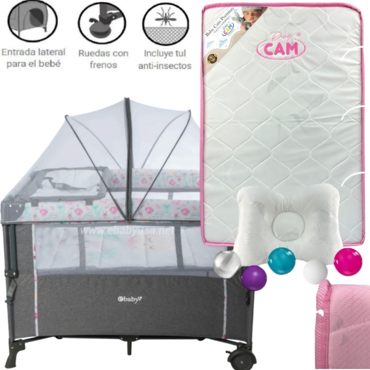 EBABY - Cuna para bebe Colecho Nala FUCSIA + Colchón ROSA