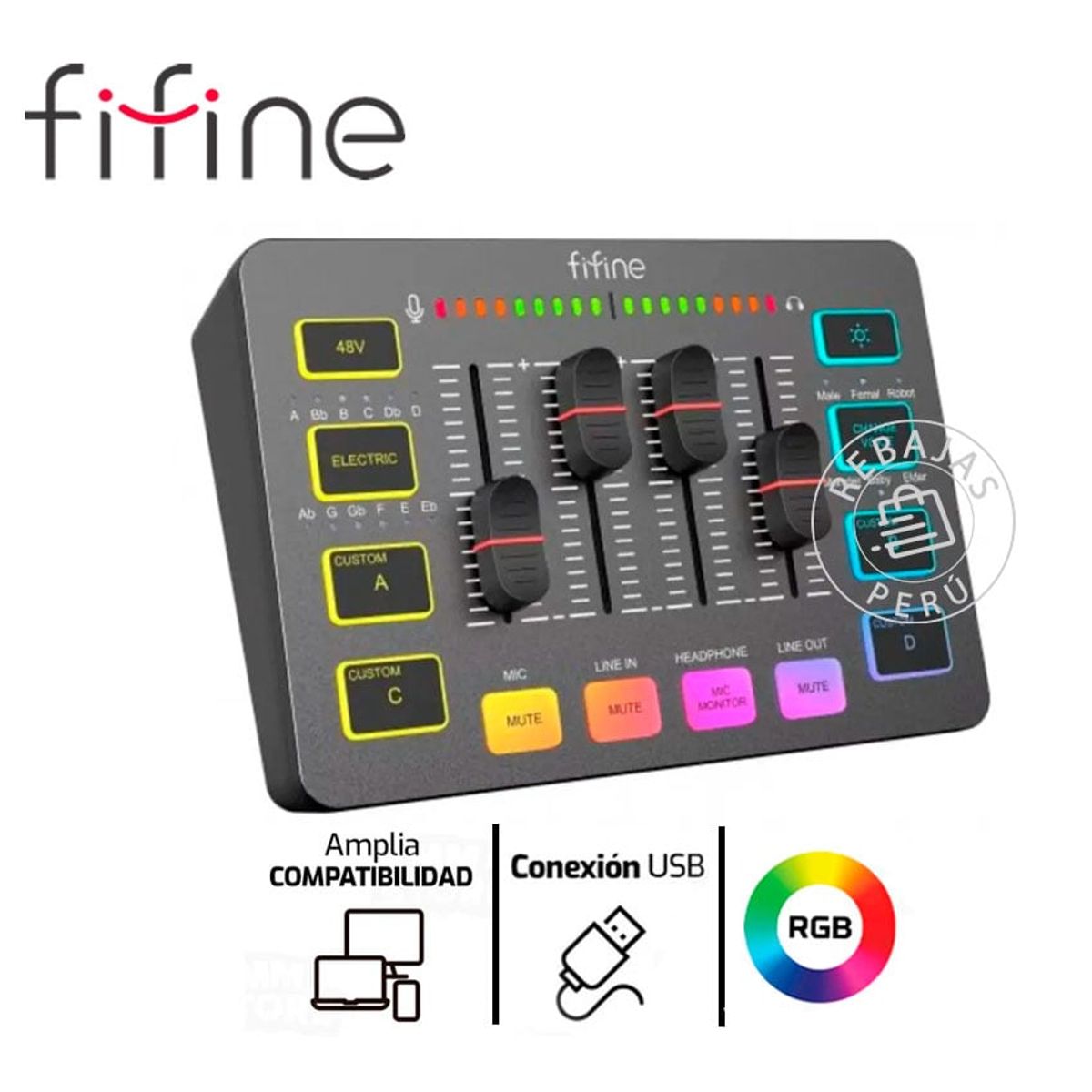 FIFINE - Mixer Fifine SC3 Black  USB  Efectos de Sonido - Ecualizador Integrado