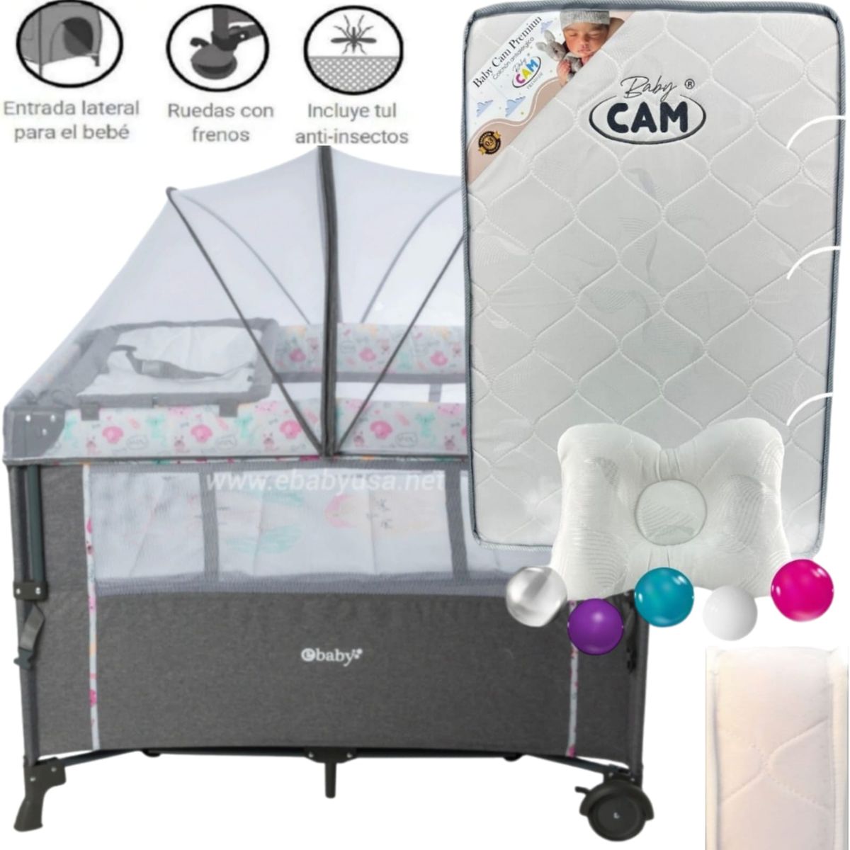 EBABY - Cuna para bebe Colecho Nala FUCSIA + Colchón BLANCO