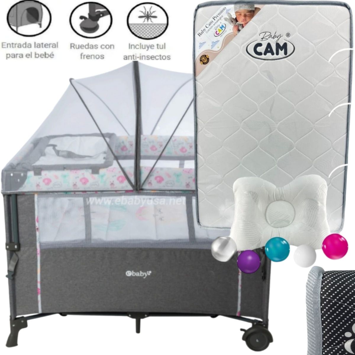 EBABY - Cuna para bebe Colecho Nala FUCSIA + Colchón PLOMO