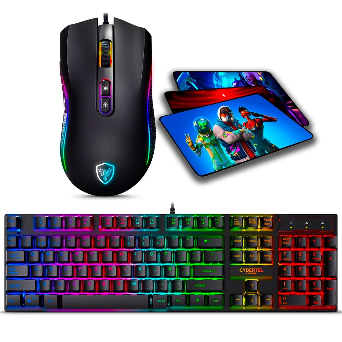MICRONICS - Kit Gamer Teclado LED Rainbow + Mouse Kripton 12800 DPI + Padmouse