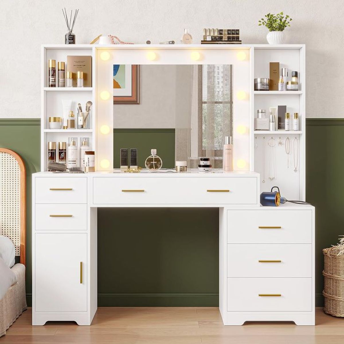 GENERICO - Tocador Joyero Makeup - Blanco y Dorado