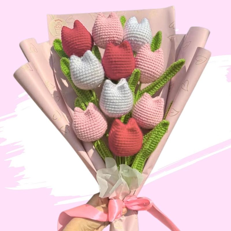 GENERICO - Ramo 10 Tulipanes Eternos Tejidos a Crochet Rosados Flores
