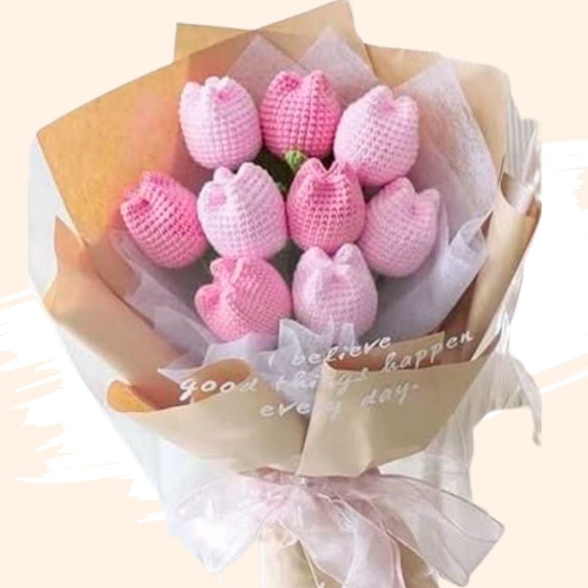 GENERICO - Ramo 09 Tulipanes Eternos Tejidos a Crochet Rosados Flores