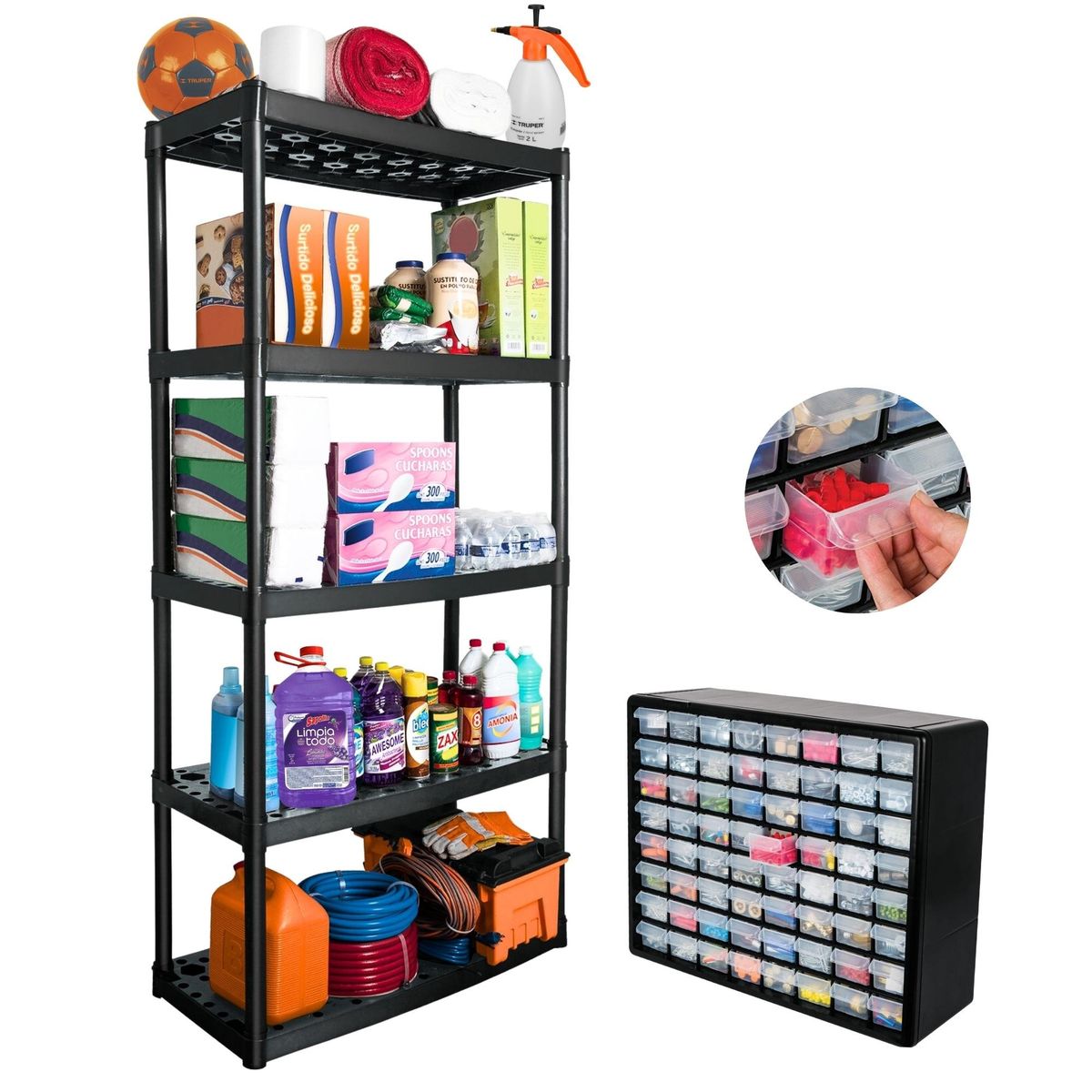 TRUPER - Combo estante 5 repisas, con 1 organizador 64 gavetas