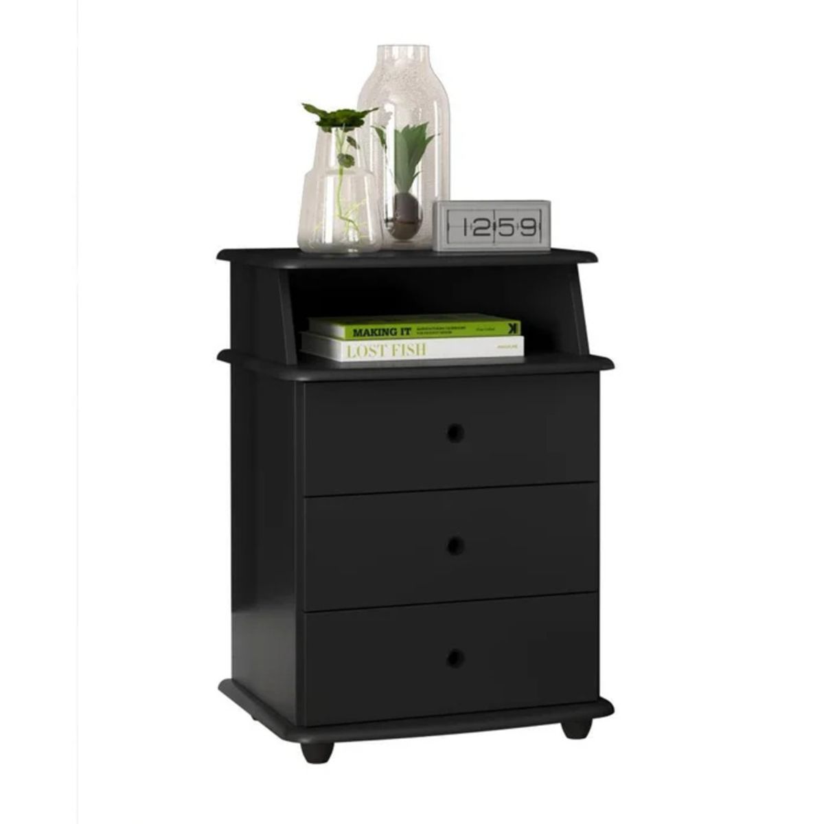 R&R MUEBLES - Velador Moderno Kedarui Negro 3 Cajones R&R MUEBLES