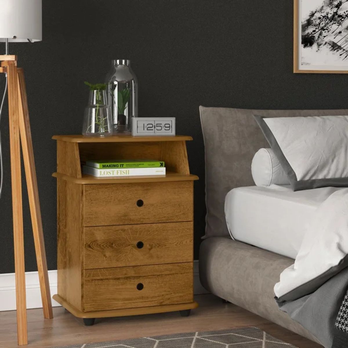 R&R MUEBLES - Velador Moderno Kedarui Marrón 3 Cajones R&R MUEBLES