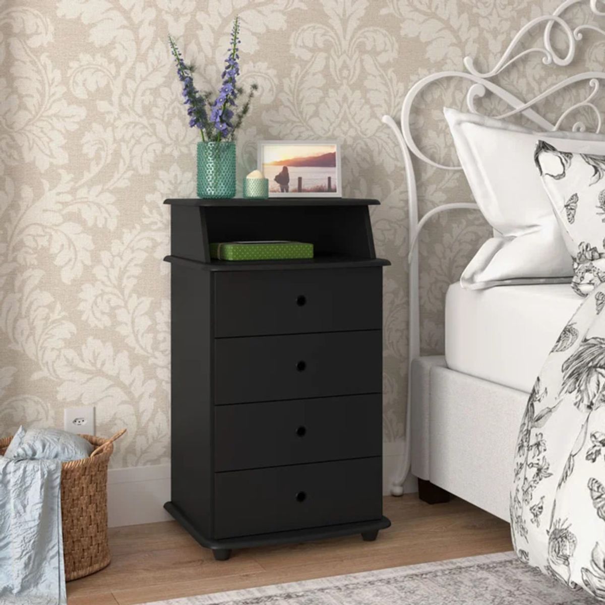 R&R MUEBLES - Velador Moderno Kedarui Negro 4 Cajones R&R MUEBLES