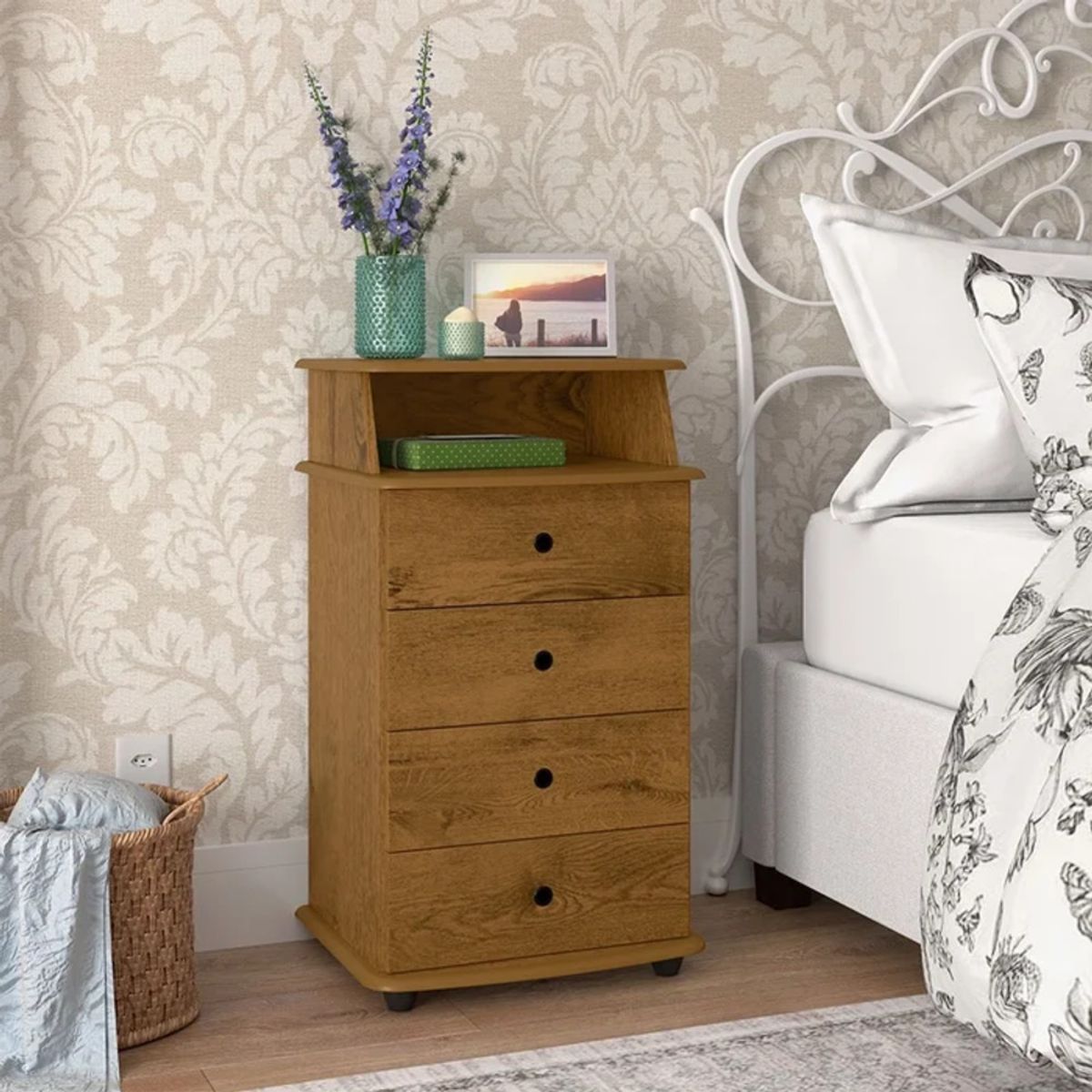 R&R MUEBLES - Velador Moderno Kedarui Marrón 4 Cajones R&R MUEBLES