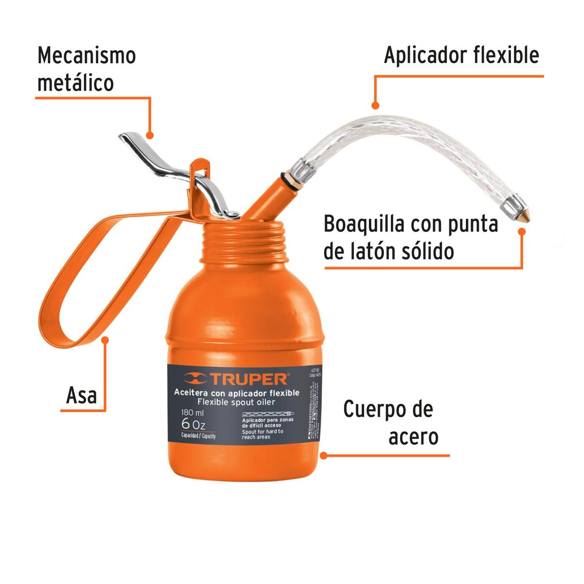 TRUPER - Aceitera de 180 ml (6 oz) con aplicador flexible, Truper