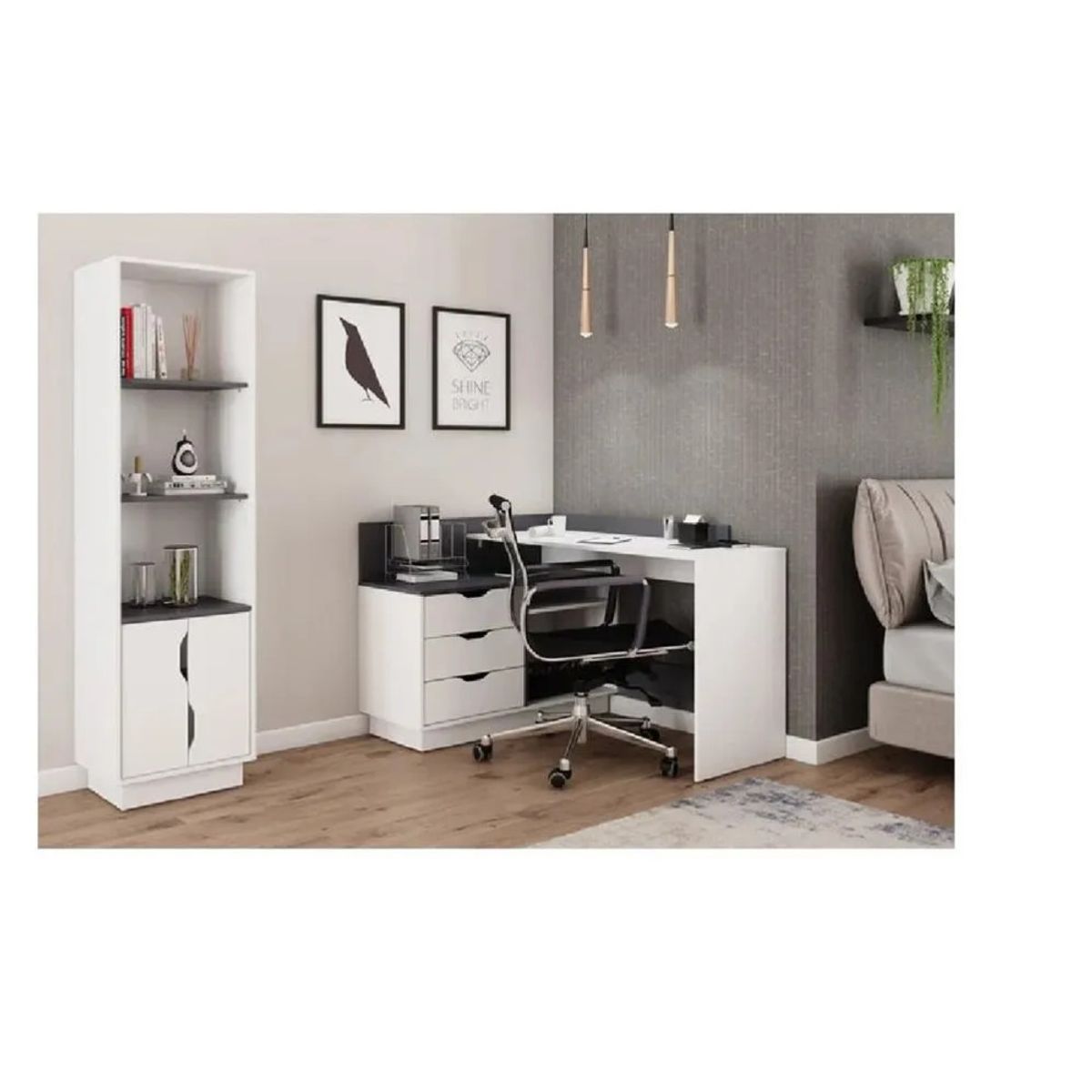 TU MESITA - Escritorio Clásico en L TU MESITA Romeus color BlancoNegro 3 cajones