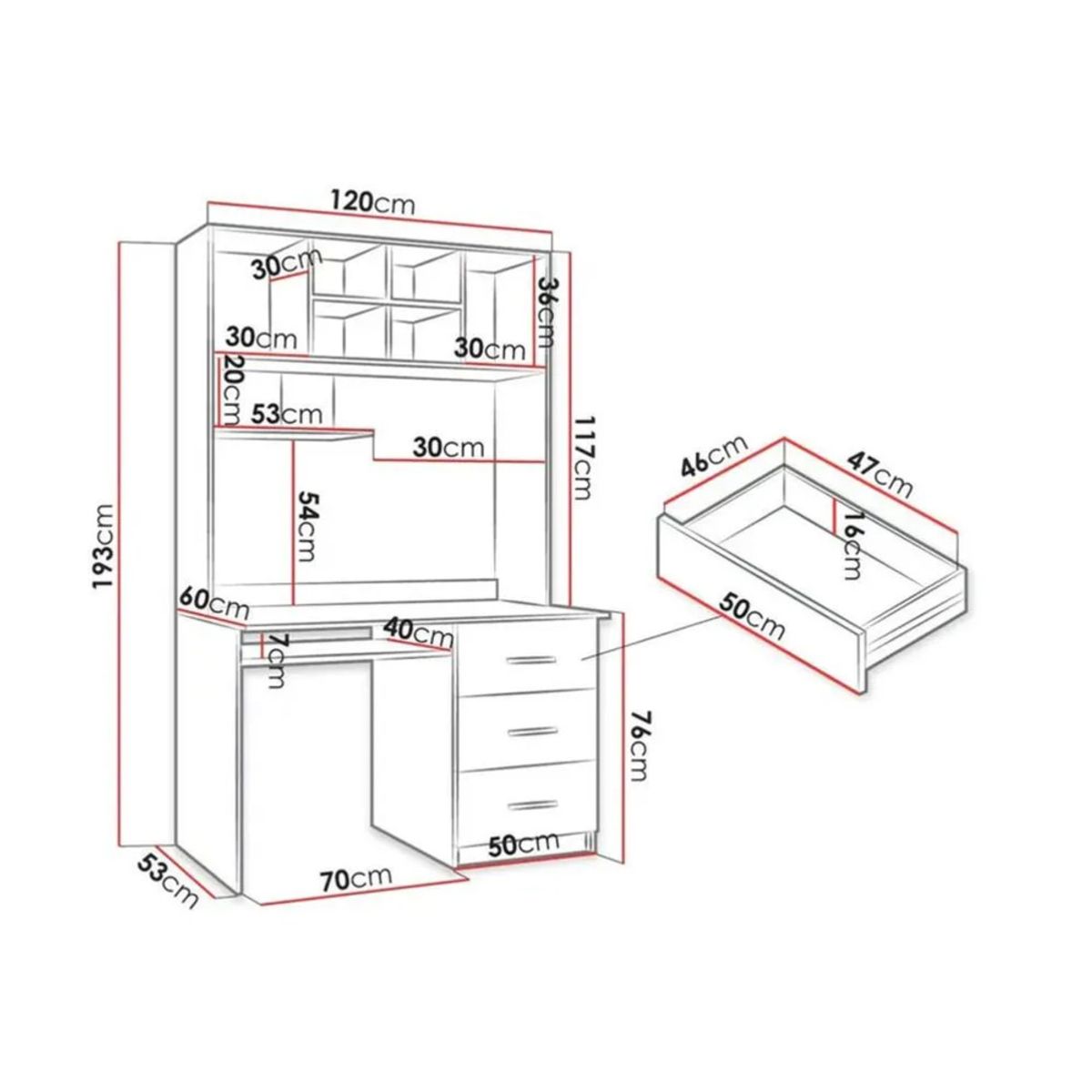 TU MESITA - Escritorio con Estante Mávila color BlancoGris 3 cajones TU MESITA