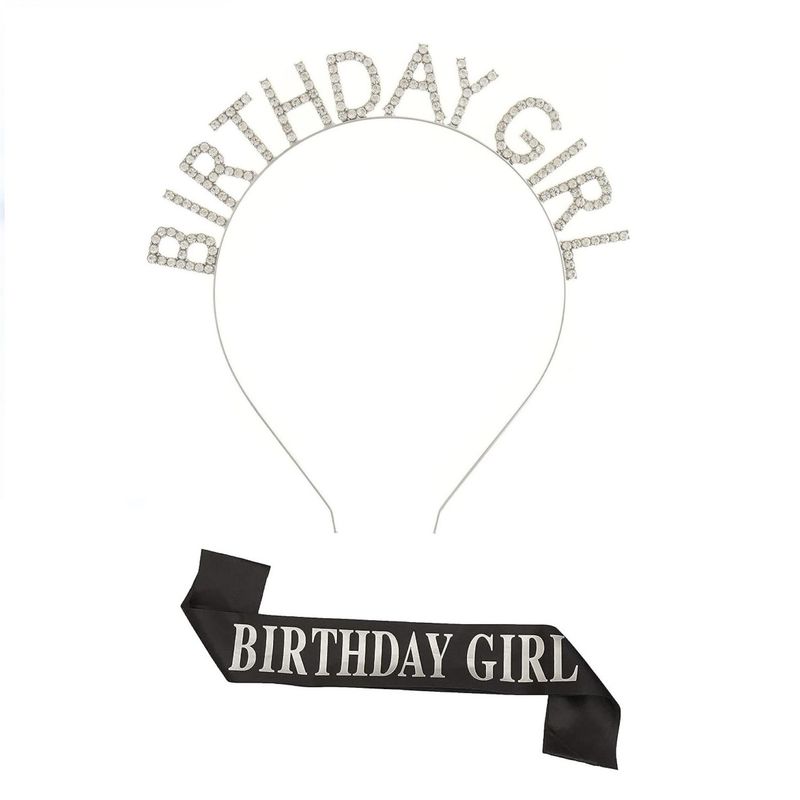 GENERICO - Set vincha y banda cumpleaños Birthday Girl plateado negro
