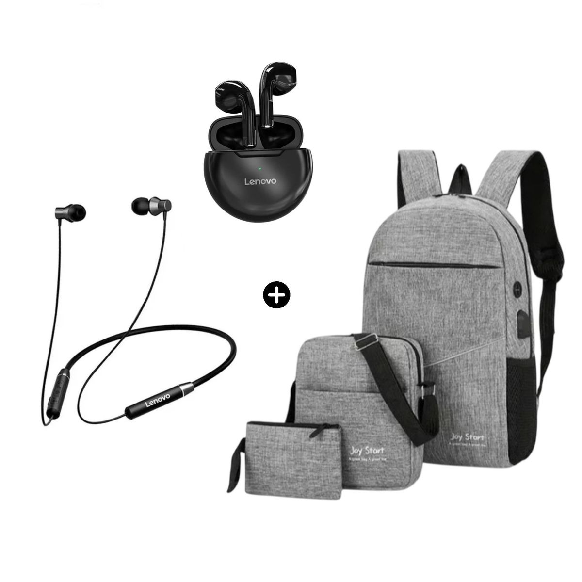 LENOVO - Audífono Lenovo HT38 Negro + Audífono Lenovo HE05 + Mochila 3en1 Joy Star Gris