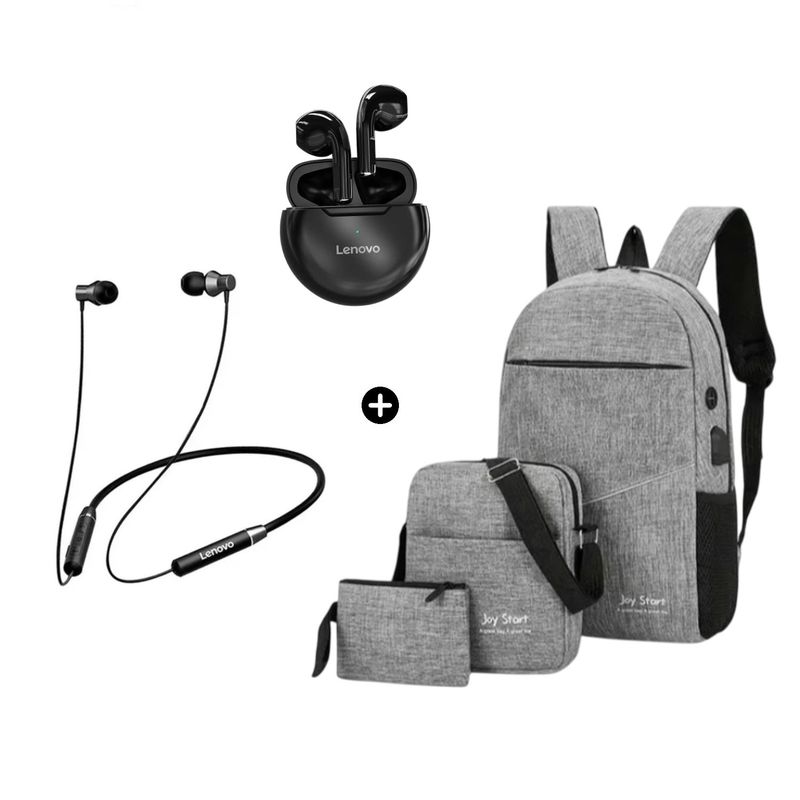 LENOVO - Audífono Lenovo HT38 Negro + Audífono Lenovo HE05 + Mochila 3en1 Joy Star Gris