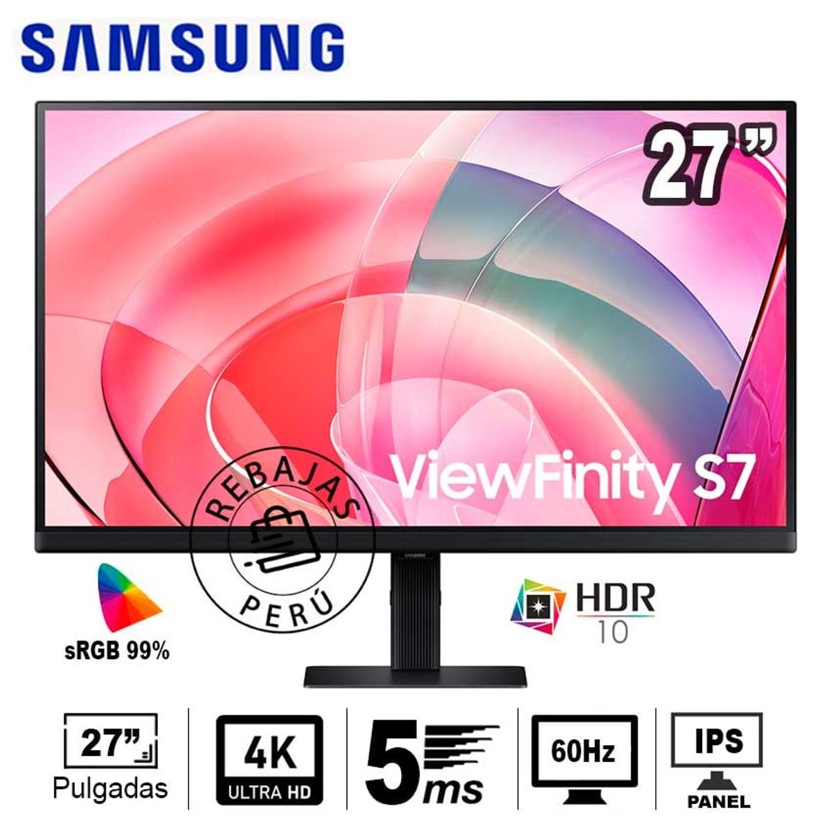 SAMSUNG - Monitor Samsung 27 4K UHD IPS HDR10 60Hz 99% sRGB sin parpadeos