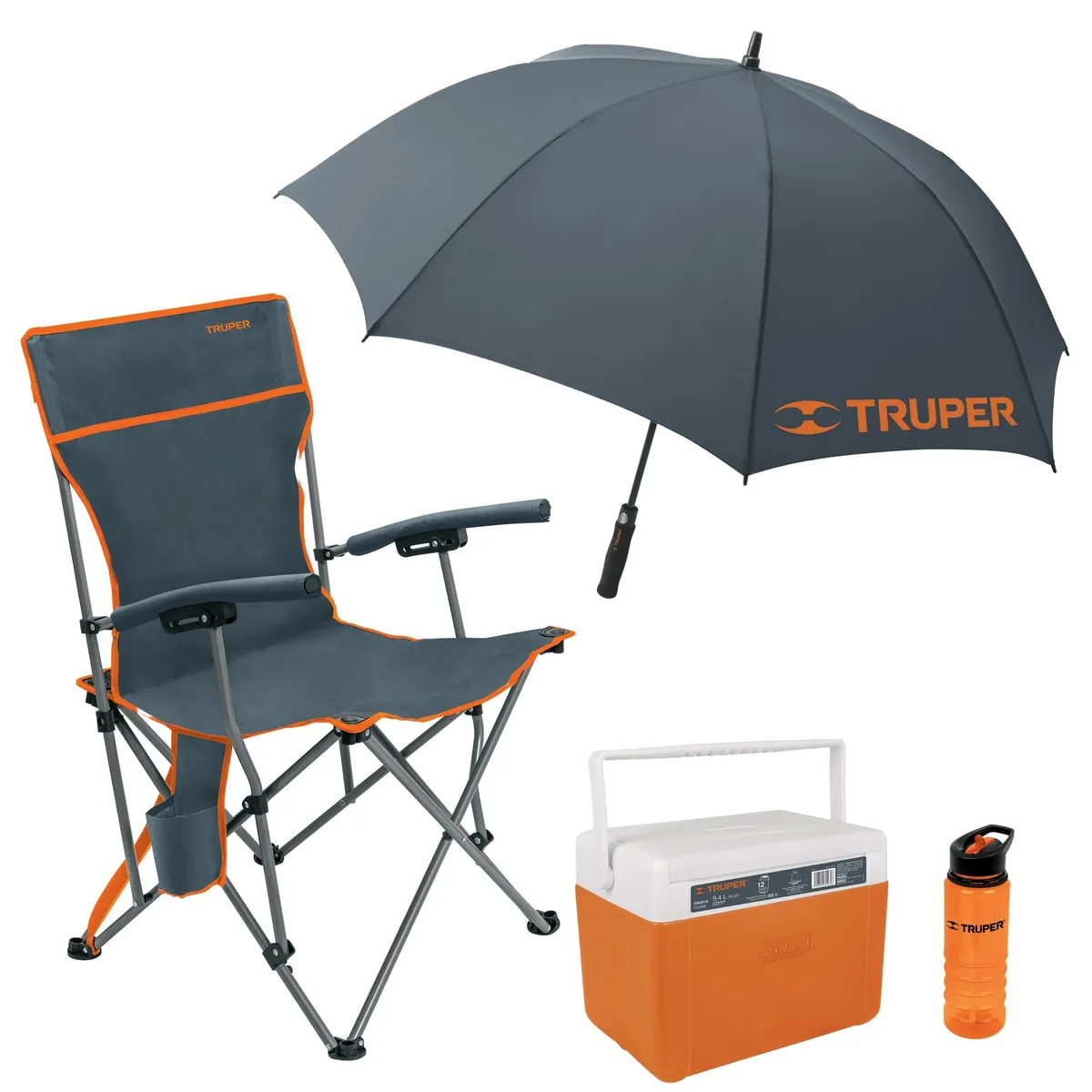 TRUPER - Combo Silla de playa camping plegable sombrilla cooler