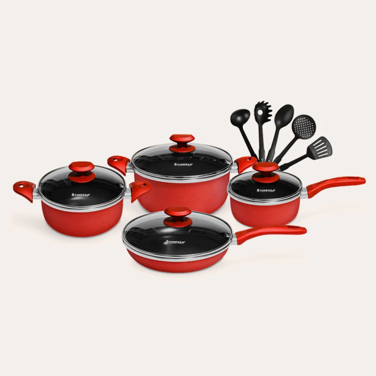 FINEZZA - Juego de Ollas Antiadherente Finezza Rojo FZ-1658T 13 Piezas