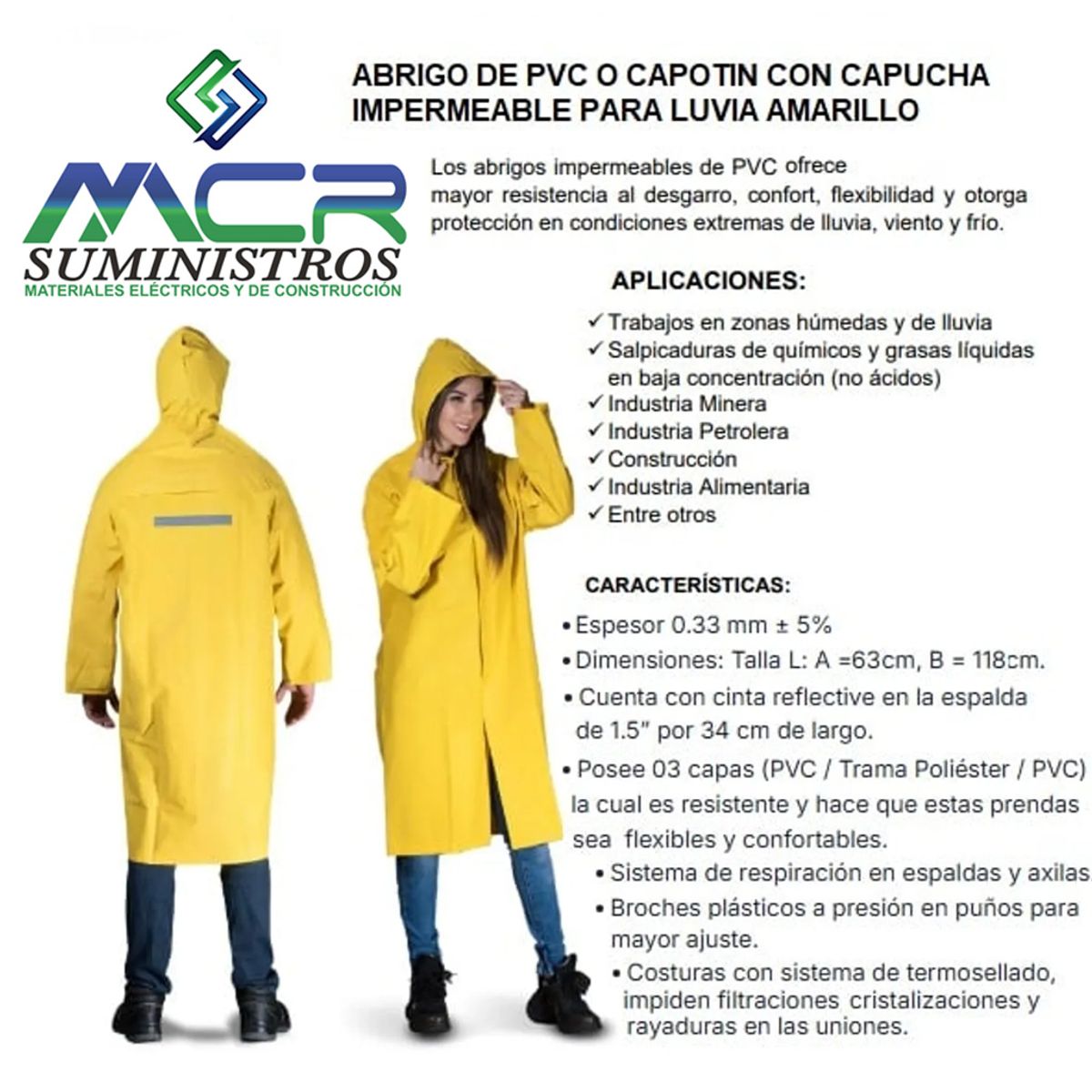 GENERICO - ABRIGO DE PVC O CAPOTIN CON CAPUCHA IMPERMEABLE PARA LUVIA AMARILLO