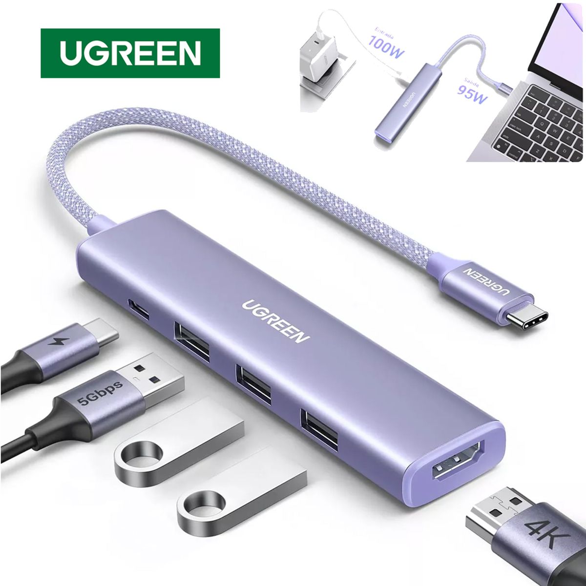 UGREEN - Hub tipo C 5 en 1 UGREEN 3 Puertos USB 3.0 5gbps 1 puerto HDMI 4K 100W