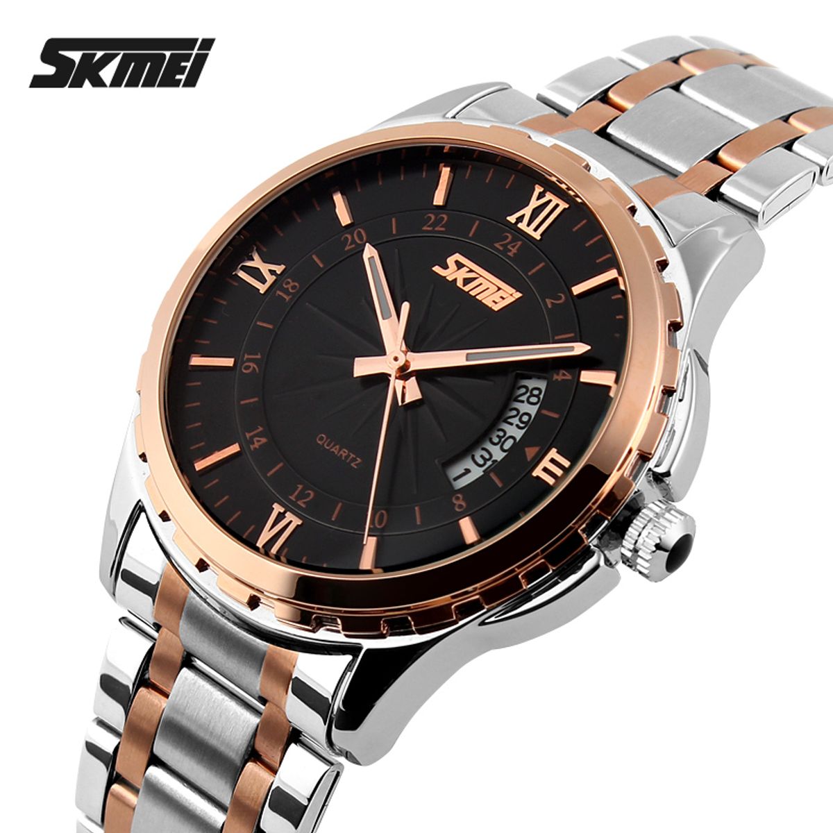 SKMEI - Reloj Skmei 9069 Plateado detalles oro rosa fondo negro