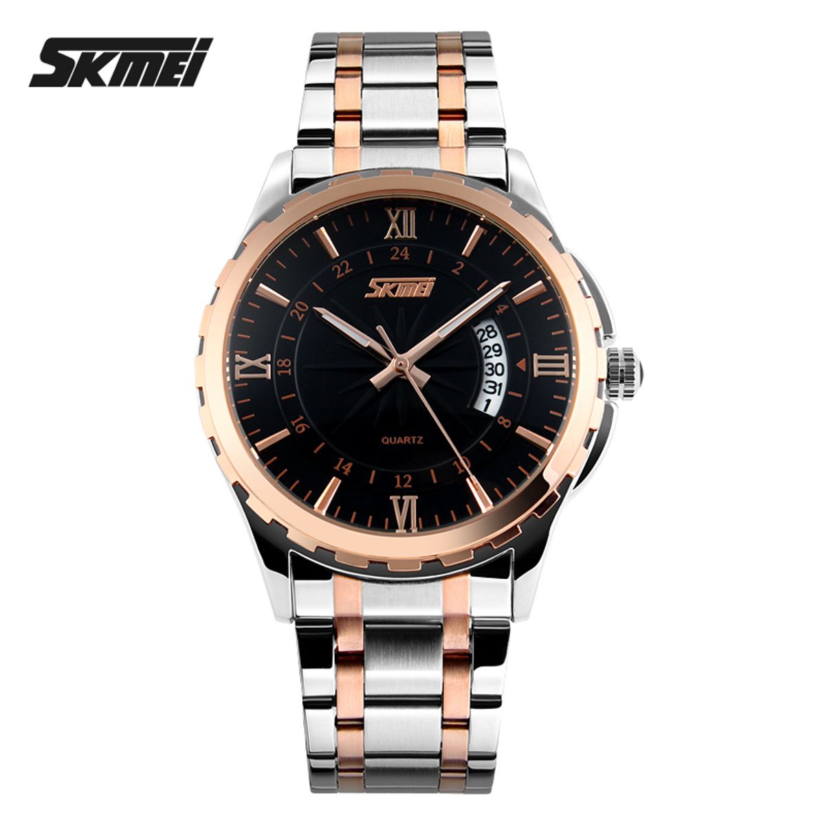 SKMEI - Reloj Skmei 9069 Plateado detalles oro rosa fondo negro