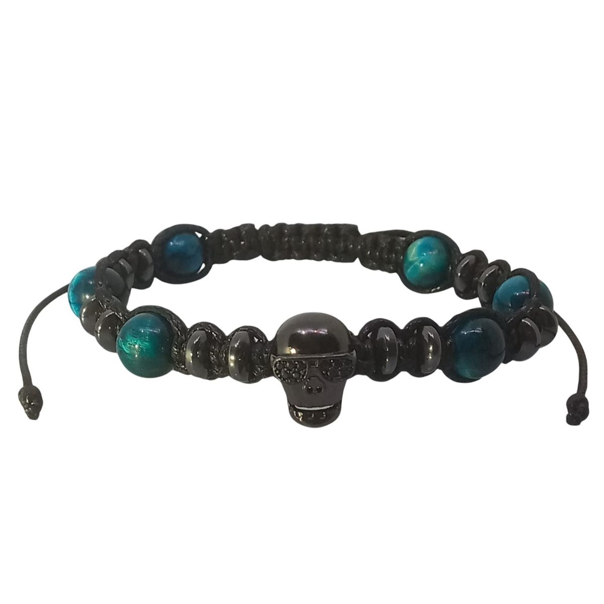 LUCYANA JOYAS Y ACCESORIOS - Pulsera para Hombre dije de Calavera con Ojo de Tigre azul y Hematita