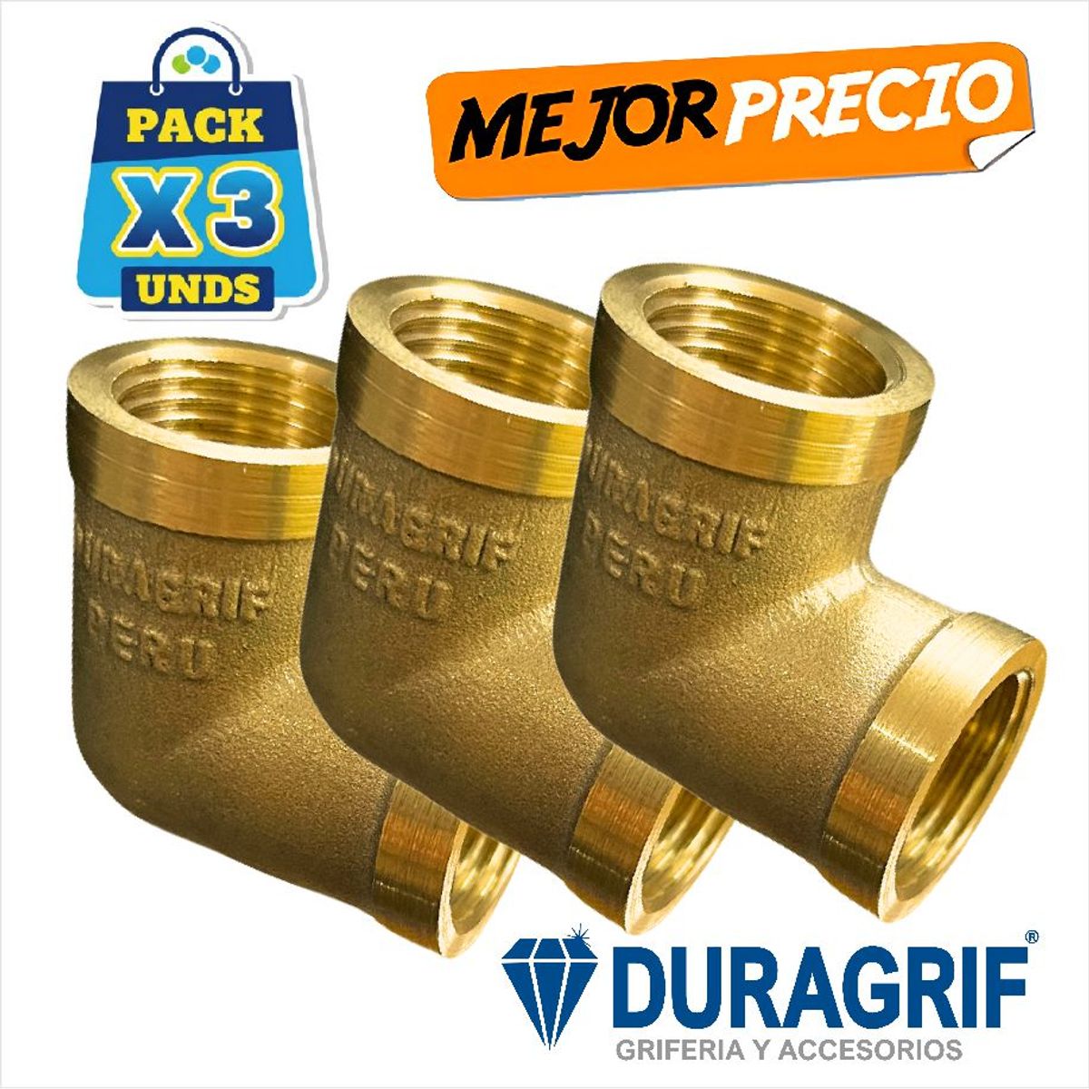 DURAGRIF - Pack De Codo De Bronce 1/2 Pesada Para Instalación Sanitaria - 3 Piezas - Duragrif