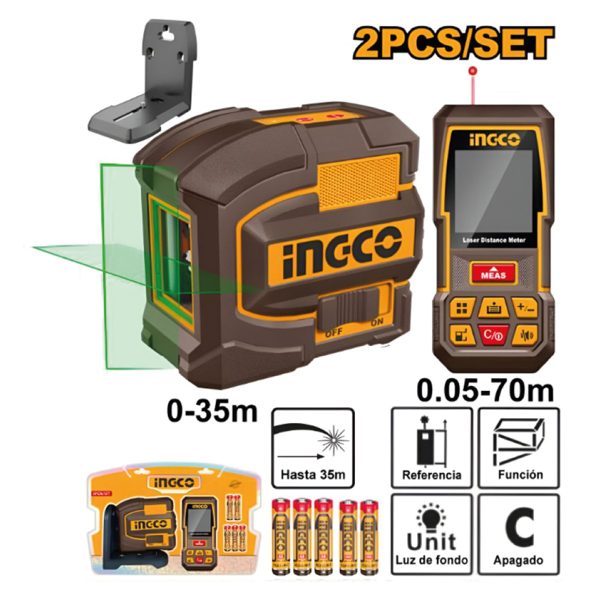INGCO TOOLS - KIT NIVEL LÁSER 35M + MEDIDOR DE DISTANCIA LÁSER INGCO 70M COSLL0401