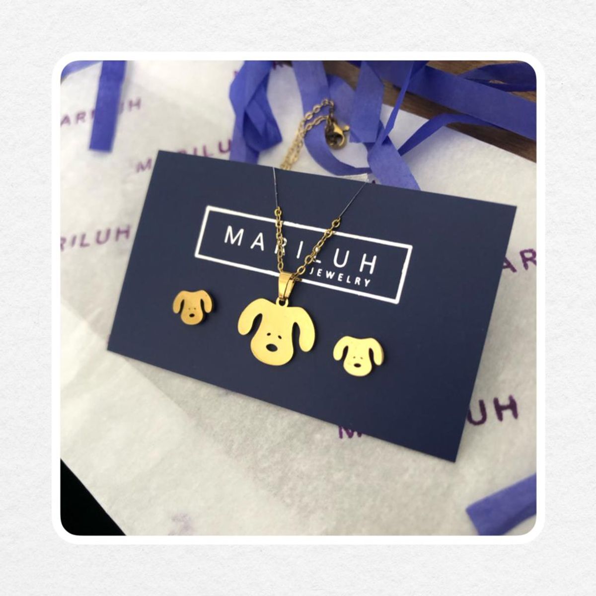 GENERICO - Pack Acero Collar con dije y Aretes - Carita de Perro Dorado