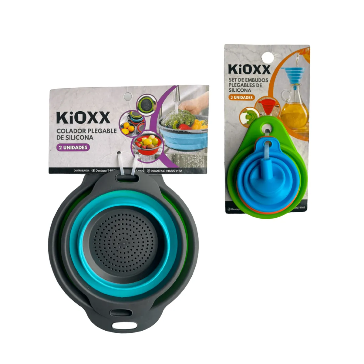 KIOXX - Pack 2 Coladores colapsables y 3 Embudos colapsables de Silicona KiOXX