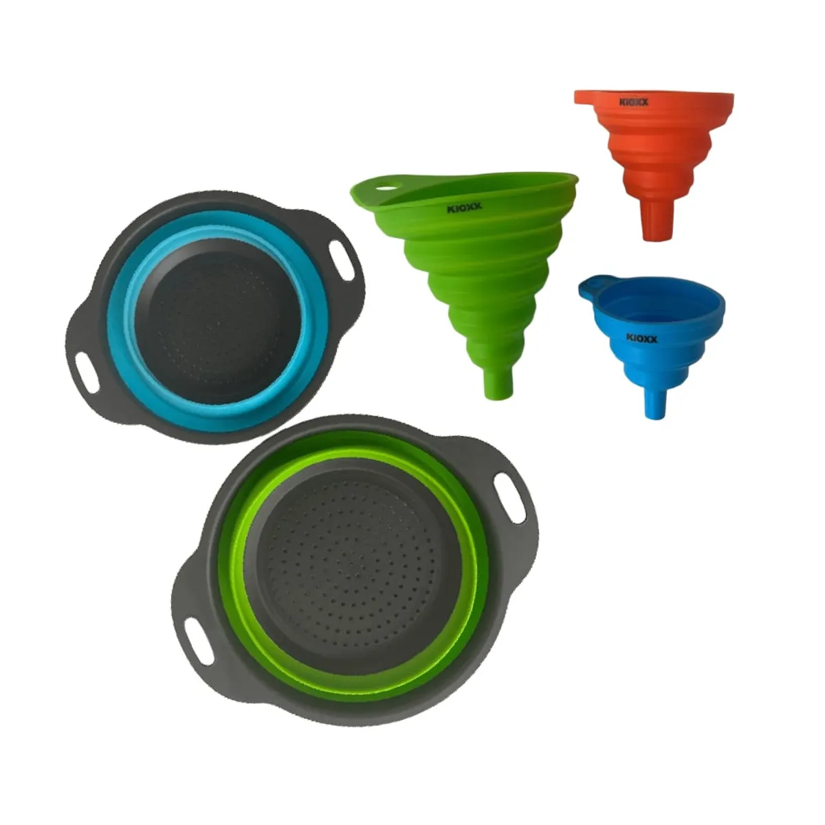 KIOXX - Pack 2 Coladores colapsables y 3 Embudos colapsables de Silicona KiOXX