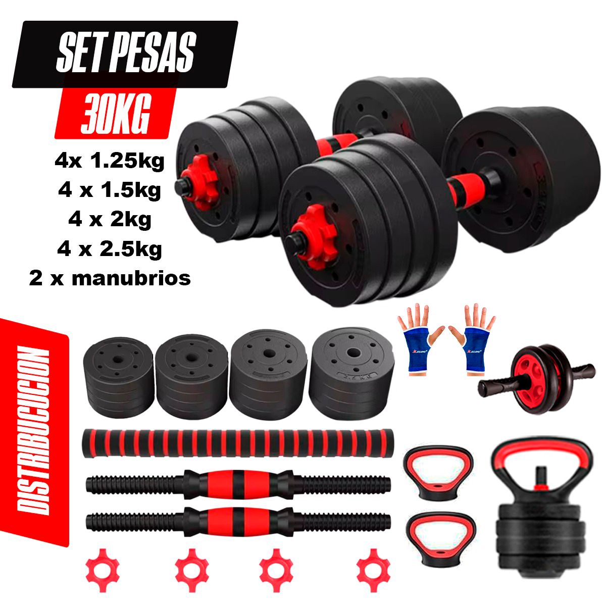 HOLGU - Set Mancuernas 30KG Pesa Rusa-Rueda AB Barra Recta Guante