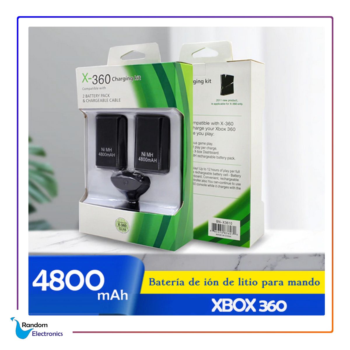 GENERICO - GENERIC 2 BATERÍAS RECARGABLES 4800MAH + 1CABLE DE CARGA USB XBOX 360