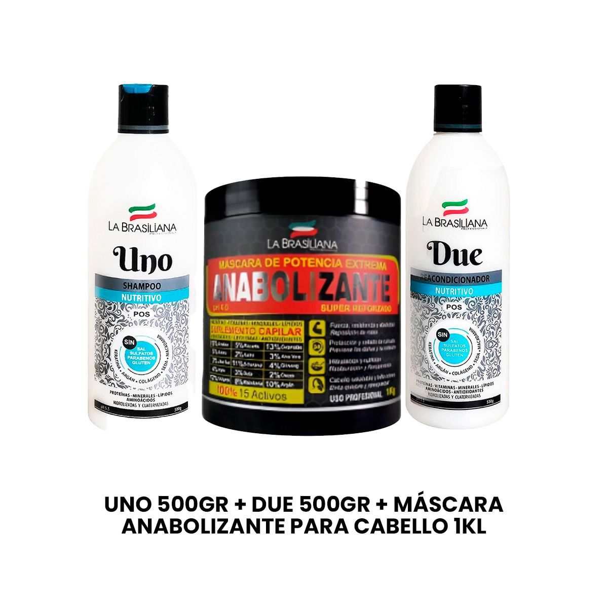 LA BRASILIANA - Uno 500Gr + Due 500Gr + Máscara Anabolizante para cabello 1Kl