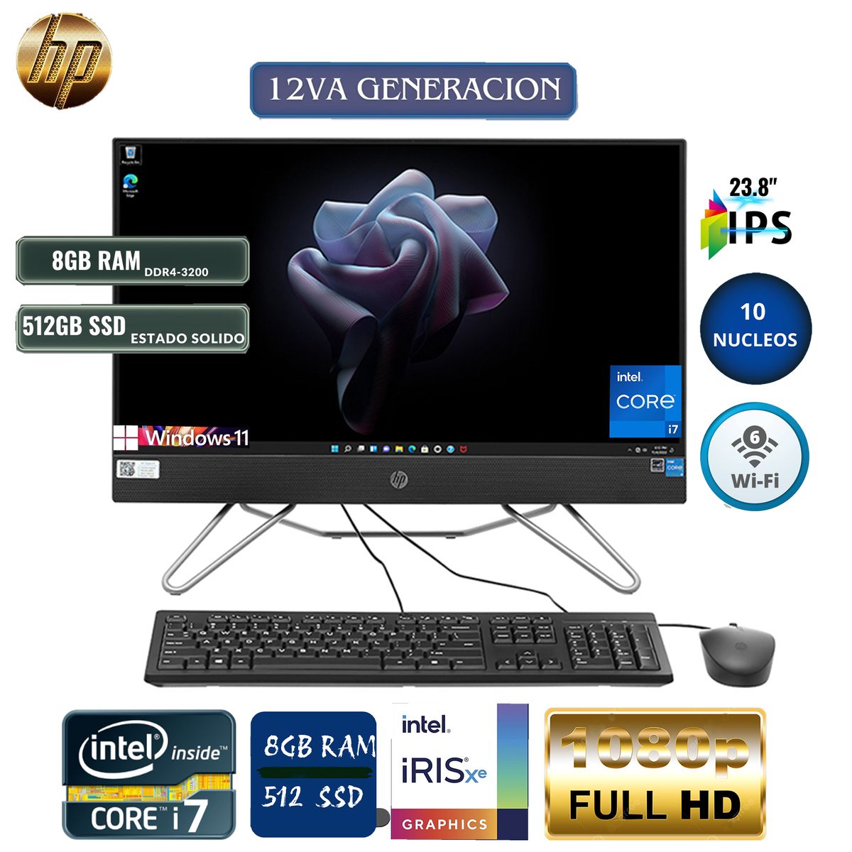 HP - All In One Hp 240 G9 Core i7 12Va Gen, 23.8" Led, Ram 8Gb, Ssd 512Gb