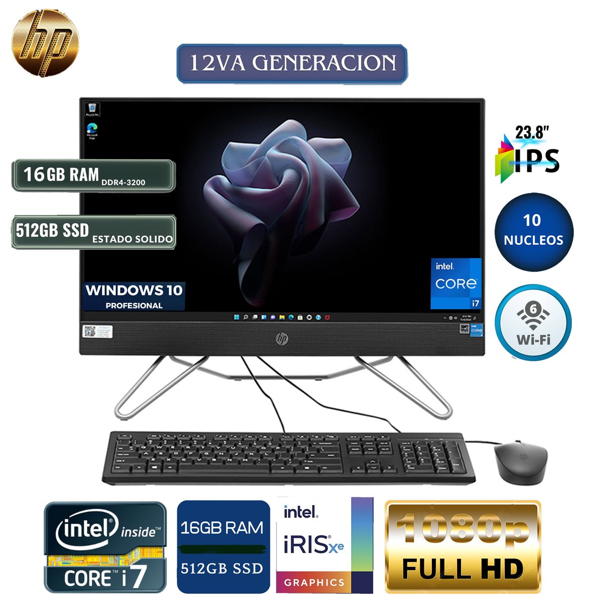 HP - All In One Hp 240 G9 Core i7 12Va Gen, 23.8" Led, Ram 16Gb, Ssd 512Gb