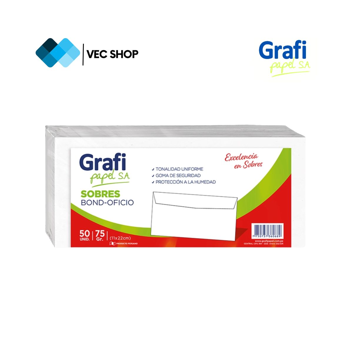 GRAFI PAPEL SA - Sobres Blanco Bond Oficio 11 x 22cm, 75gr, 50und