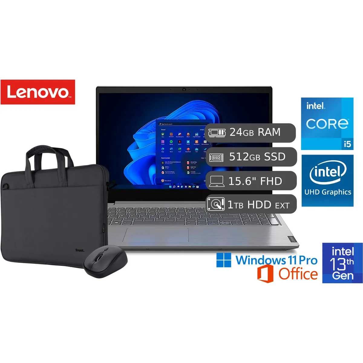 LENOVO - Laptop Lenovo Intel Core I5-13420H 13va 24 GB RAM 512 GB SSD + 1TB HDD EXTERNO 15.6" FHD
