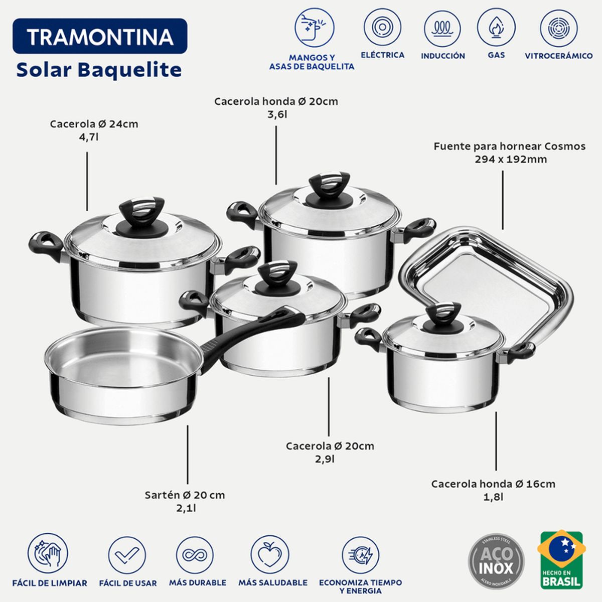 TRAMONTINA - Juego de ollas 10 Piezas solar Baquelite 65720/000 Tramontina