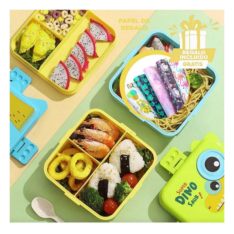 RYBIU IMPORT - Pack5 Lonchera de Dinosaurio 1600ml Celest Y+Papel de Regalo