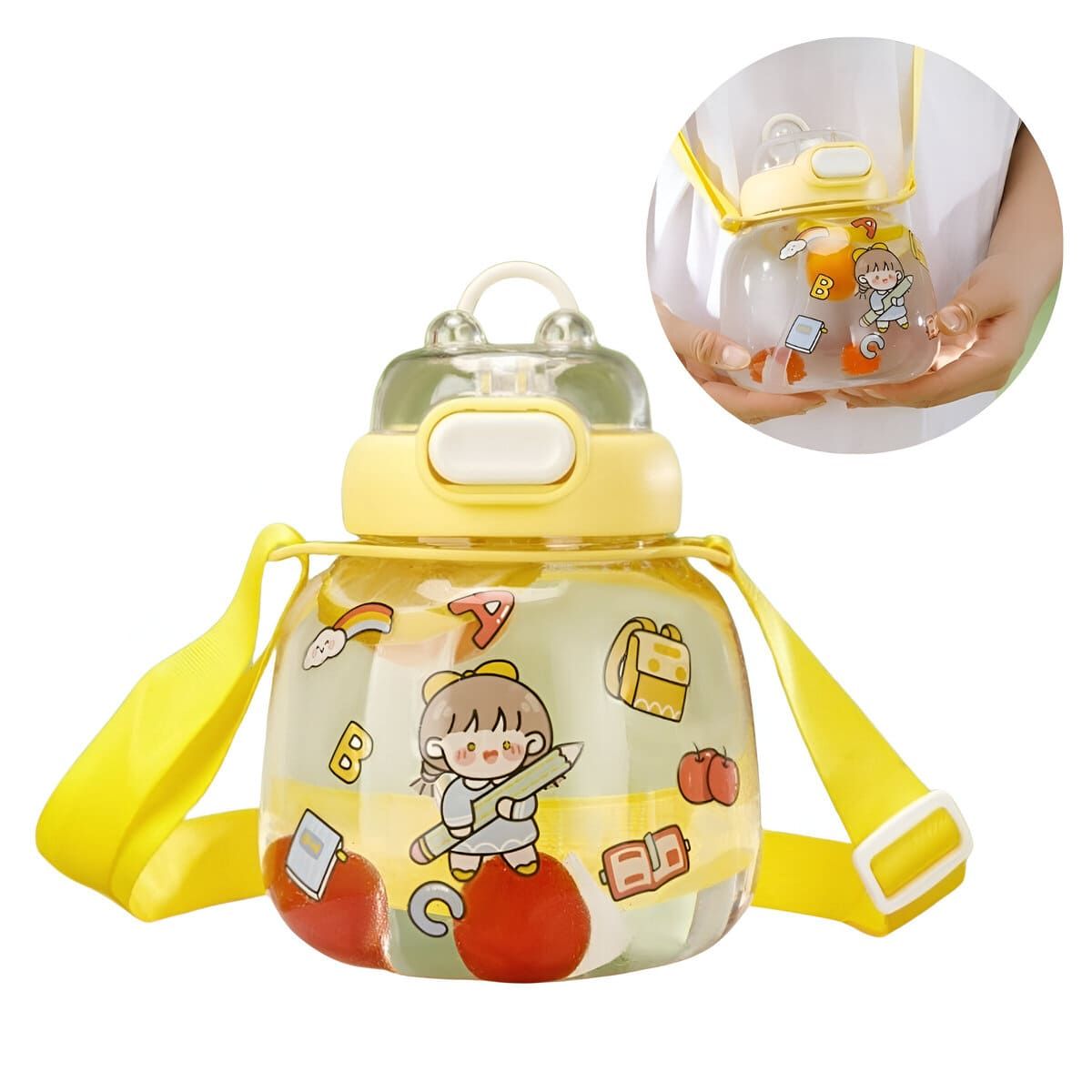 ELMEJORPRECIO - Tomatodo Portátil Estilo Kawaii de 1200 ml con Stickers Amarillo