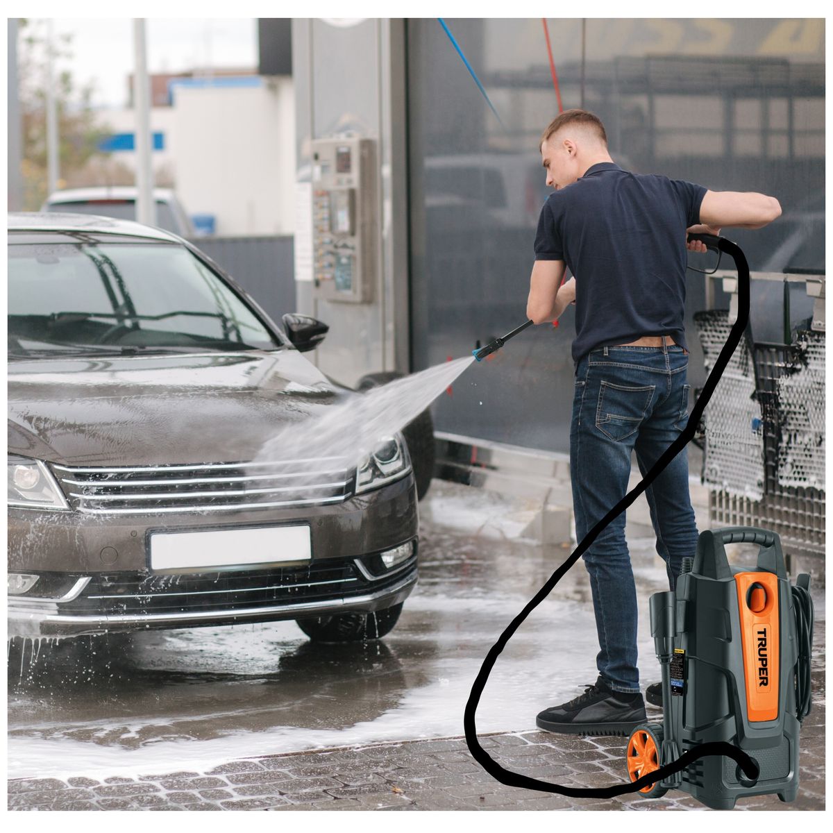 TRUPER - COMBO Hidrolavadora portátil Truper 1500 PSI + manguera reforzada 10m