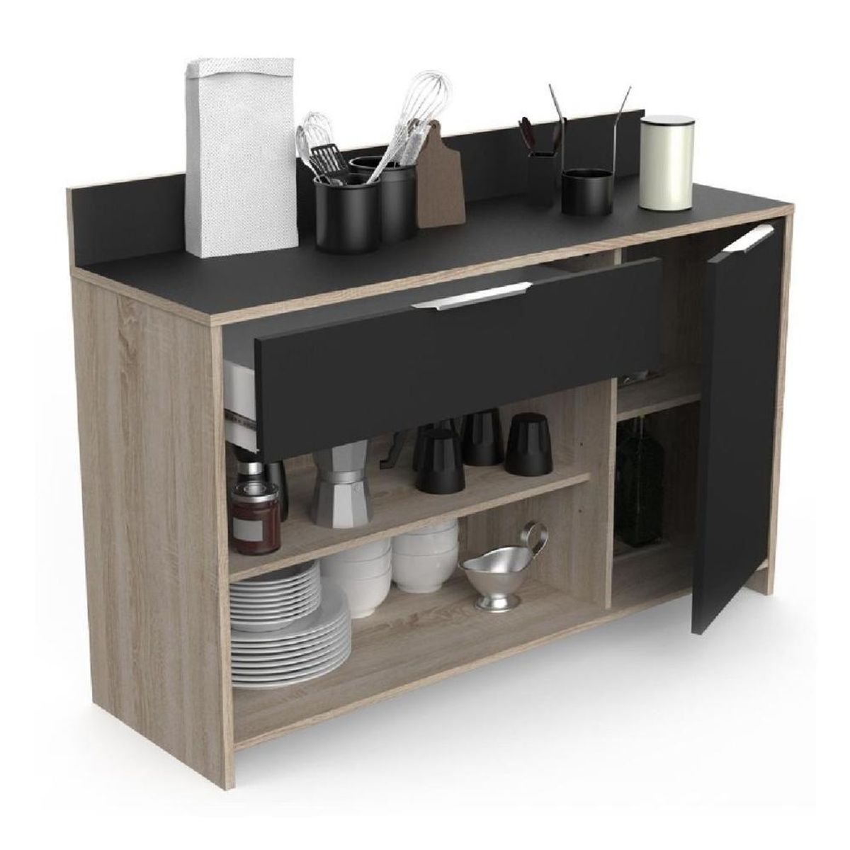 TU MESITA - Mueble Auxiliar de Cocina TU MESITA Piscis color NegroRoble 1 puerta 1 cajón