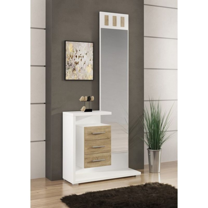 TU MESITA - Recibidor con Espejo alto Prisma 3 cajones color BlancoNatural TU MESITA