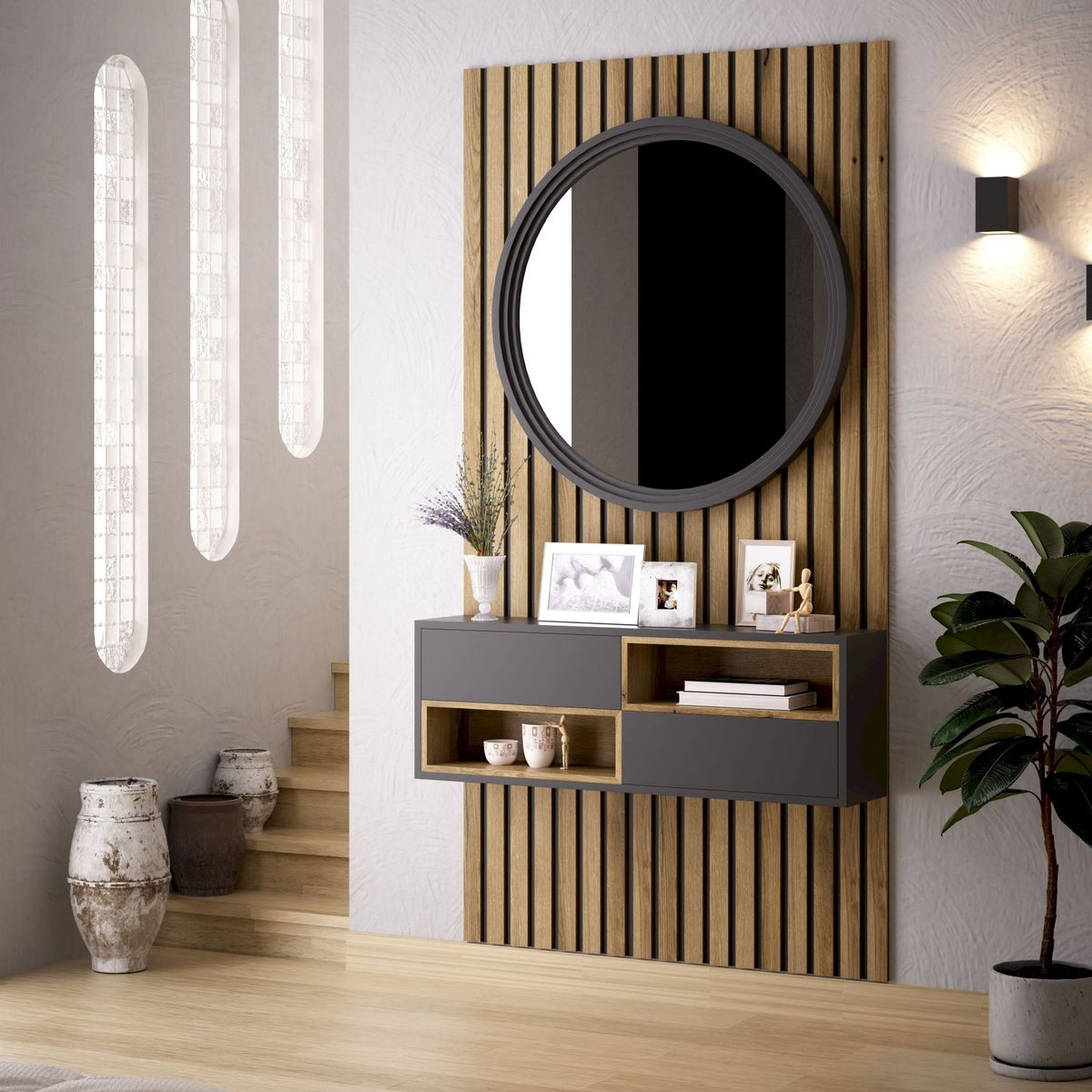 TU MESITA - Recibidor Flotante Barpin con Espejo y panel color NegroMarrón TU MESITA