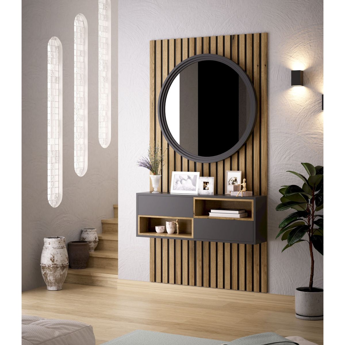 TU MESITA - Recibidor Flotante Barpin con Espejo y panel color NegroMarrón TU MESITA