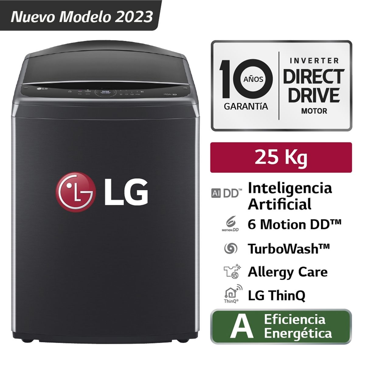 LG - Lavadora LG AI DD 25KG WT25PBVS6 Negro Plateado
