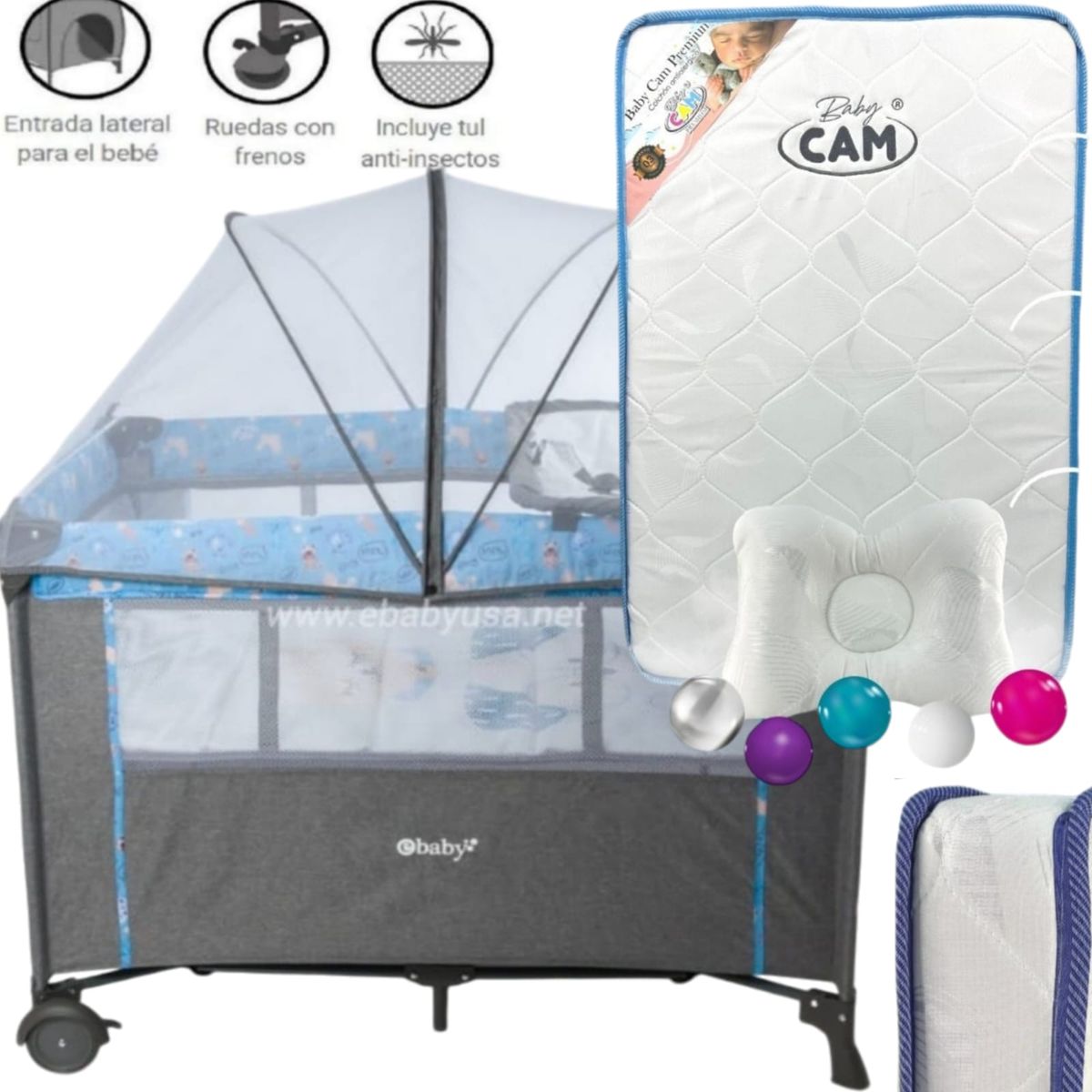 EBABY - Cuna para bebe Colecho Nala AZUL+ Colchón AZUL