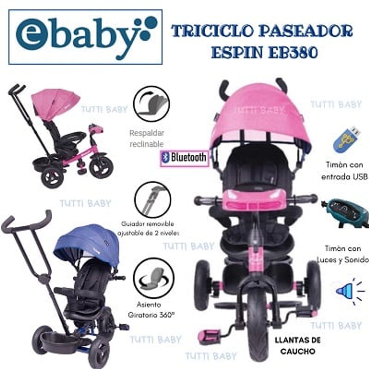 EBABY - TRICICLO MUSICAL CON LUCES Y BLUETOOTH RECLINABLE-  ROSADO